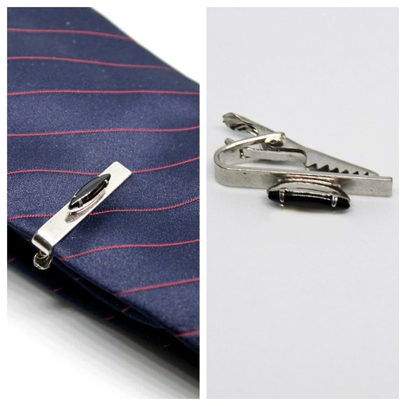 Vintage Silver & Black Marquis Cabachon Rectangle Tie Clip | Father's Day Gift - Picture 2 of 9